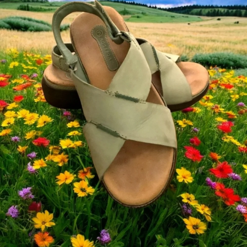Rockpoint sandals leather green flat comfortable size 7 crisscross